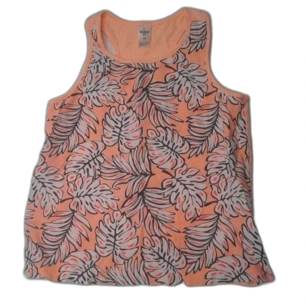 OshKosh Girls Tank Top Racerback Tropical Print Linen Peach White Black Size 10